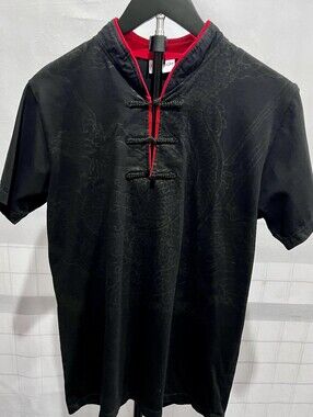 Zensation Black Chinese Dragon Kung Fu Shirt Frog Closures Red Trim Size